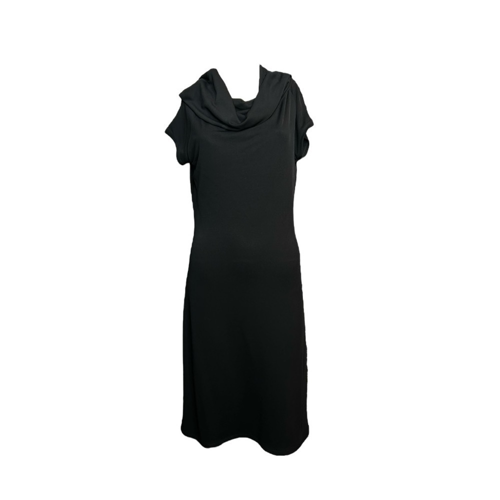 Josie Natori Short Black Dress Cap Sleeves Cowl Neckline Stretch Asymmetrical M